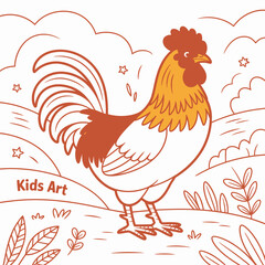 A cheerful rooster illustration designed for children's art, showcasing vibrant colors and a friendly expression that will engage and inspire young imaginations.