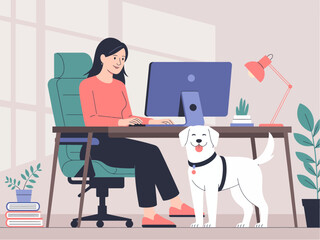A woman enjoys working in a bright home office alongside her cheerful dog, representing a balance between productivity and companionship in a cozy workspace.
