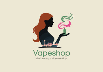 A sophisticated logo design for a vape shop featuring a silhouette and soft smoke patterns, symbolizing a modern approach to vaping, health awareness, and lifestyle choice.