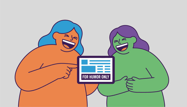 Two people sharing a laugh while reading a satirical news article with a disclaimer reading For Humor Only visible.