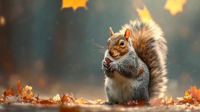 Squirrel holding nut outdoors in autumnal sunlight with blurred background
