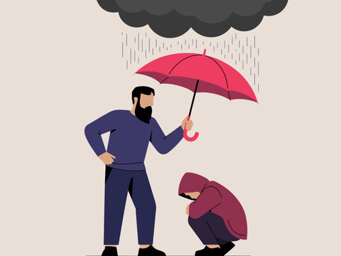 This poignant illustration depicts a supportive figure offering an umbrella to a distressed person in the rain, symbolizing compassion, empathy, and the importance of support in tough times.