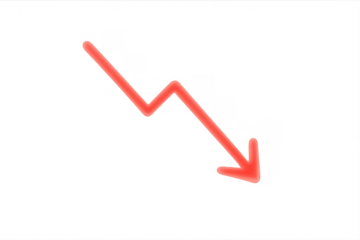 Red arrow moving downward, showing business decline, economic recession, stock market loss, and financial crisis trend