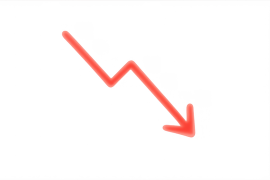 Red arrow moving downward, showing business decline, economic recession, stock market loss, and financial crisis trend