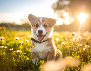 Adorable Happy Corgi Puppy Portrait Outdoors in Sunny Golden Hour Meadow