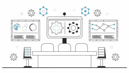 Modern control room with data visualization screens and interactive gears symbolizing complex operations and analysis