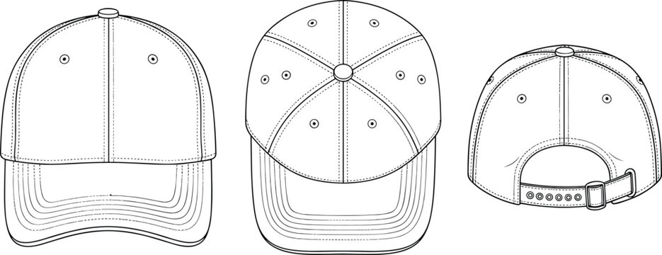 Baseball cap technical drawing front top back view, unisex fashion accessory, adjustable strap design, cad drawing flat vector illustration