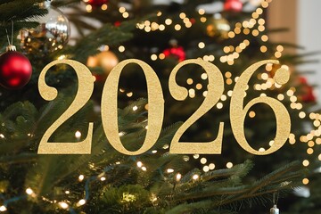 Festive Anticipation: Golden '2026' Shines Amidst Christmas Tree Lights and Ornaments