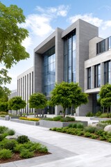 Fototapeta premium Modern office building with green landscaping and pedestrian pathway