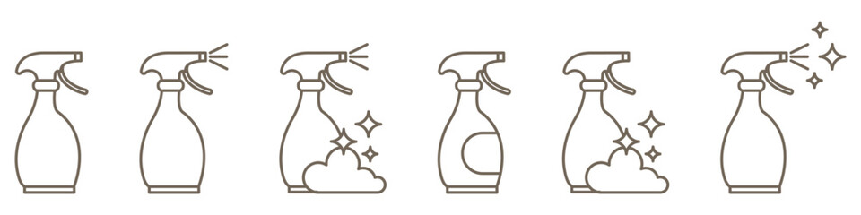 Set of spray line icons isolated on transparent background. Cleaning spray, foam sprayer, and detergent bottle symbols for hygiene, household, and disinfectant design. Editable stroke.