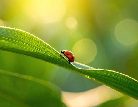 Macro Close up of Red Ladybug Crawling on Dewy Green Leaf with Bright Sunlight Bokeh Background