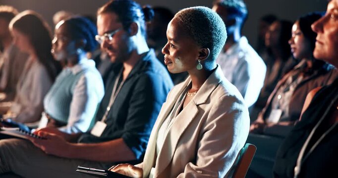 Audience, event and tablet with business woman in auditorium for development seminar. App, conference and listening with group of employee people in convention center crowd for corporate tradeshow