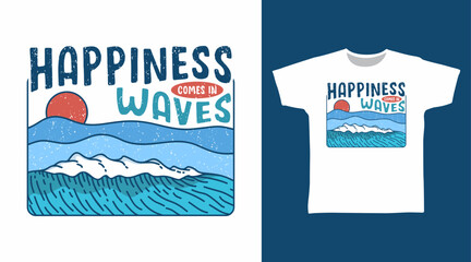 Waves and blue sea illustration, hand drawn vector ready for print on t-shirt and other uses.