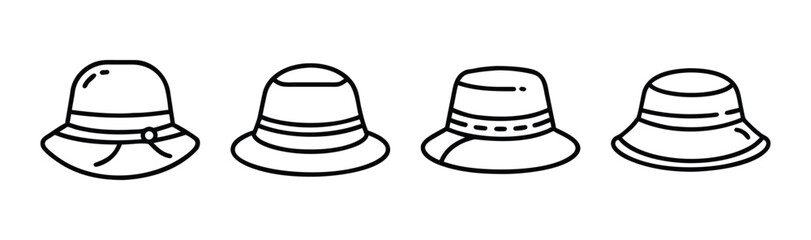 Four different styles of bucket hats lined up showing brim and crown details