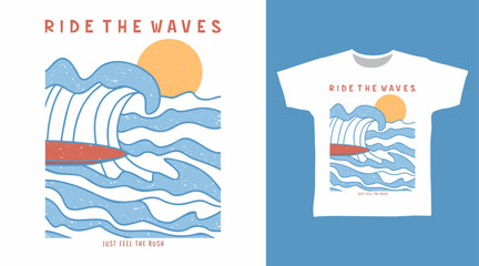 Naklejka premium Sun and surf illustration, hand drawn vector ready for print on t-shirt and other uses.