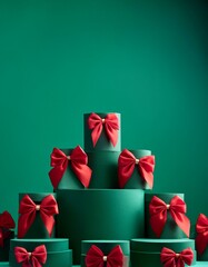 Green empty podiums on green background with many red velvet tied bows. Christmas display background. Generated image