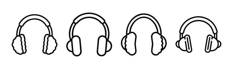 Simple line art style headphones collection four over ear audio listening devices icon set