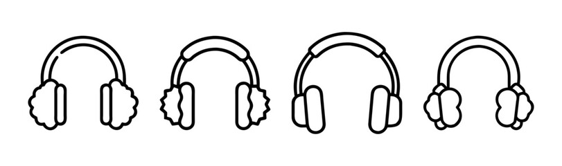Four overhead headphones in a row simple outline design