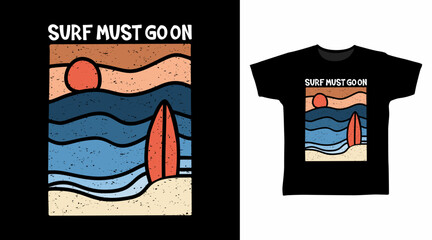 Line art surfboard and beach illustration, hand drawn vector ready for print on t-shirt and other uses.