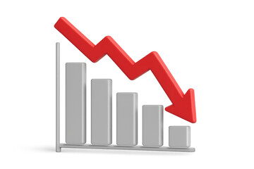 Bar graph visualization showing decreasing trend with a red arrow pointing down, symbolizing financial decline and economic crisis