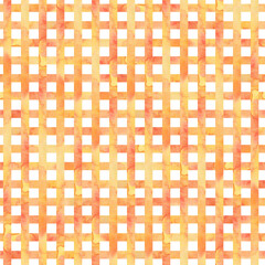 Seamless pattern with a checkered pattern, yellow-orange. Watercolor illustration is drawn in watercolors in bright rich shades and warm colors. For textile design, fabric, packaging, wallpaper