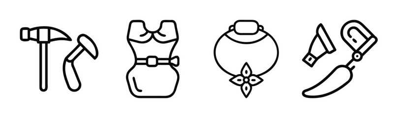 Collection of four icons hammer necklace armor shoe accessories symbols
