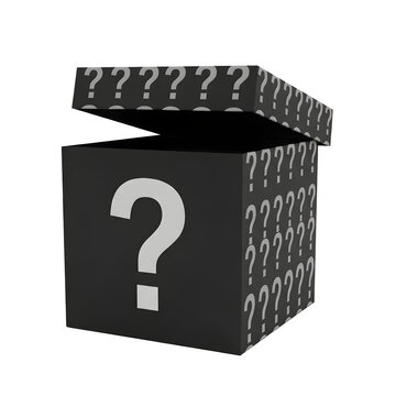 Black mystery box with question marks isolated on transparent background