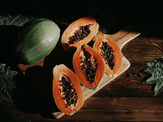 Sliced Fresh Papaya on Wooden Plate - Tropical Fruit Still Life with Warm Sunlight and Rustic Setup 