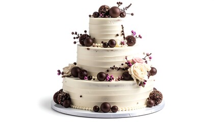 Three-tiered wedding cake with chocolate accents and floral decorations