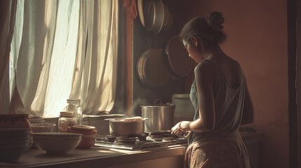 Woman preparing chai in bright Indian kitchen, candid side angle