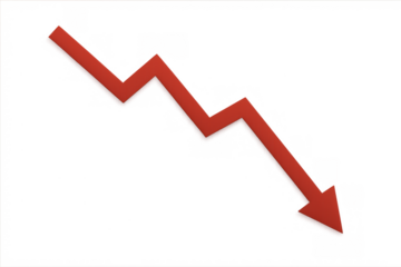Red arrow graph showing a clear downward trend, representing financial loss, decreasing sales, market crash, and business recession