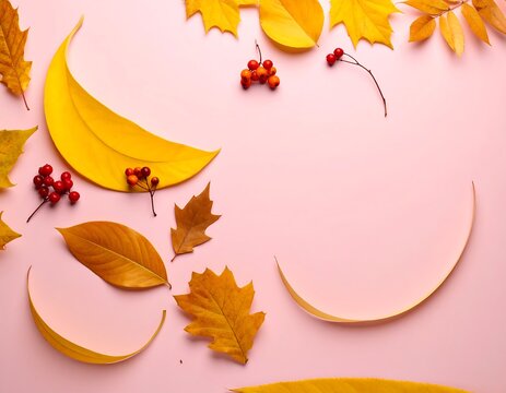 Autumnal display with leaves and berries on pink background.