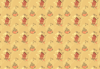 Seamless pattern with cute fox, house and flowers in muted yellow, brown and green