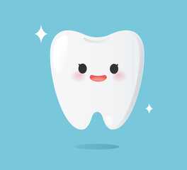 Clean teeth. Cute tooth character smiling with sparkle, symbolizing good dental health and hygiene. Strong teeth. Vector illustration