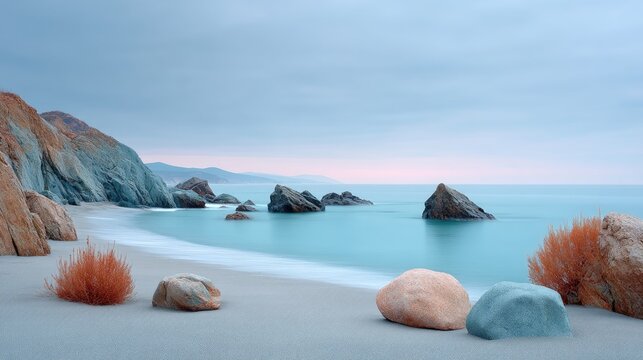 Dreamy Seascape Mist Rolling Waves Crashing On Rocky Shoreline With Scattered Coastal Plants And Pebbles Under A Soft Cloudy Sky At Dawn