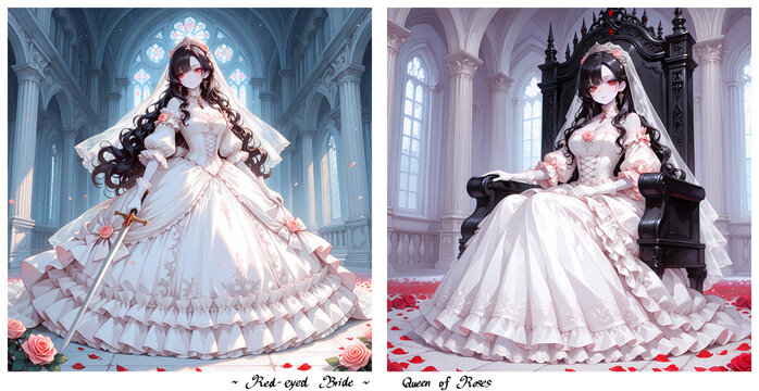 薔薇の花嫁。ウェディングドレスを着た赤い瞳の妖艶な美女。日本の漫画風のAIイラスト2枚セット