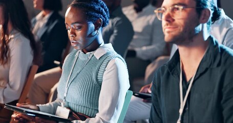 Seminar, audience and business people with tablet for notes, research or project for finance convention. Crowd, conference and financial advisors with digital technology for investment analysis. - Powered by Adobe