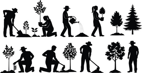 Obraz premium Tree planting, gardening, environment care, human silhouette, eco friendly, growth stages, sustainability, reforestation, agriculture, n 