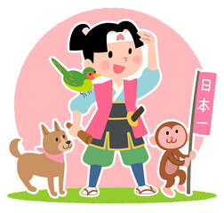 Fototapeta premium 猿、犬、キジを連れた桃太郎 もも太郎