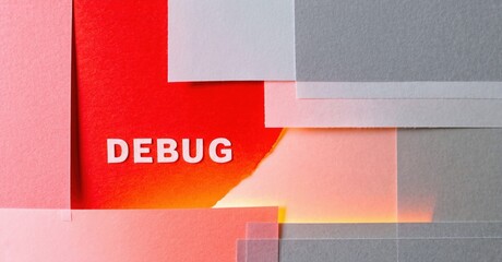 Abstract paper layers form vibrant red heart shape. Text reads DEBUG in white, suggesting code troubleshooting concept. Minimalist design.