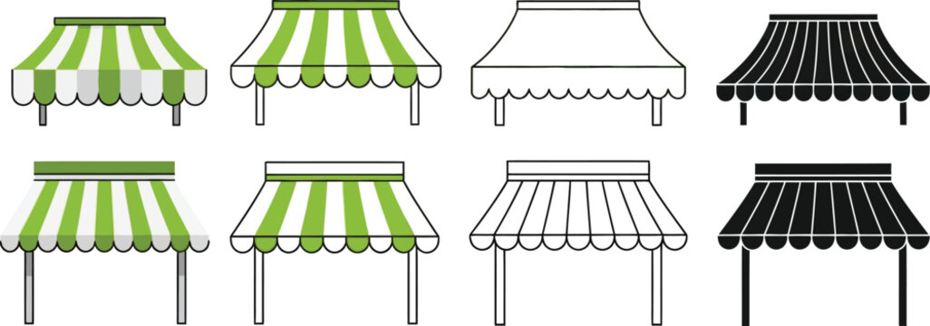 Find green striped awning vector illustration market stall set