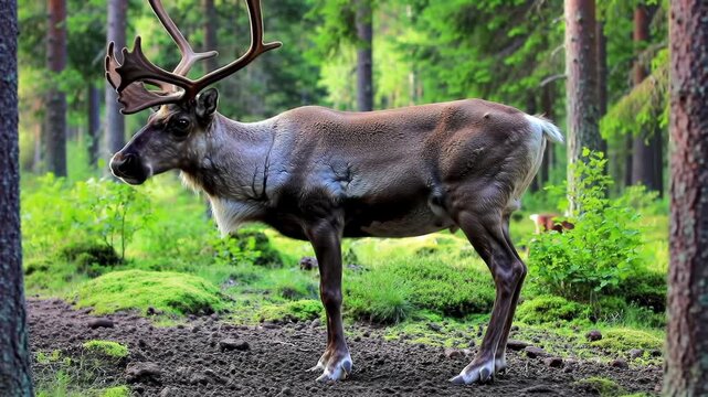 Reindeer standing in forest with lush greenery, trees in background, for nature or wildlife use - Powered by Adobe