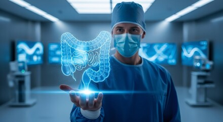 Man doctor holding virtual colon illustration. Concept of digital anatomy for medical examination and diagnosis. Healthcare technology.
