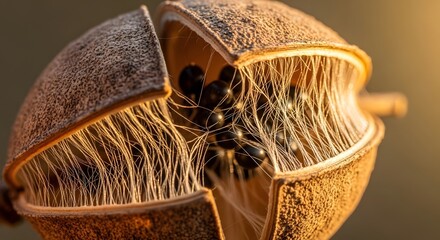 Seed pod open showing black seeds and natural fibers