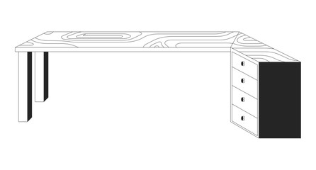 Modern L-shaped wooden desk with storage drawers 2D line object. Office, home workspace furniture with natural woodgrain texture isolated clipart vector ink outline item. Monochrome spot illustration