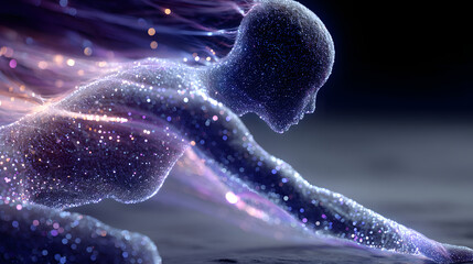 digital human figures made of particles and light trails, abstract technology background with glowing data visualization, virtual identity and network connection concept in neon gradient style