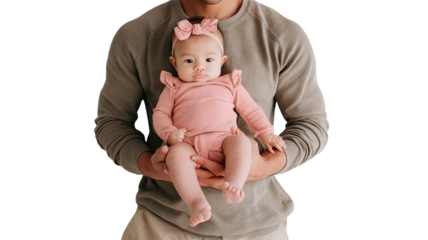 a father holding her young girl in pink dress and ribbon bow on white background