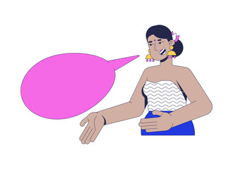 Smiling hindu woman gesturing with empty speech bubble 2D cartoon character. Cheerful indian female with bindi and earrings talking flat vector person isolated on white. Spot illustration colorful