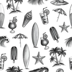 Seamless grayscale beach pattern with surfboards, palm trees, drinks, ice cream, umbrellas, waves, and starfish. Ideal for summer design, packaging, textile, and vacation-themed projects.
