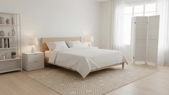 Interior of bedroom with bed, shelving unit and folding screen
